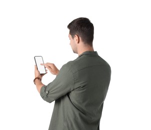 Man using smartphone with blank screen on white background