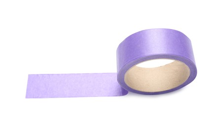 Photo of Roll of violet adhesive tape on white background