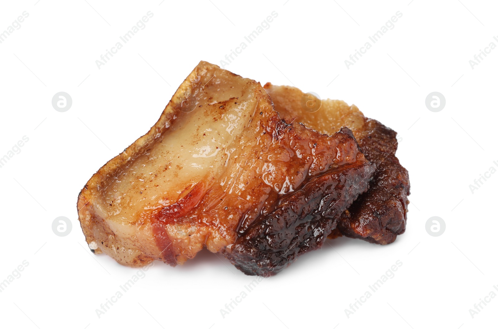 Photo of Tasty fried cracklings on white background. Cooked pork lard