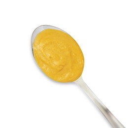 Tasty mustard sauce in spoon isolated on white, top view