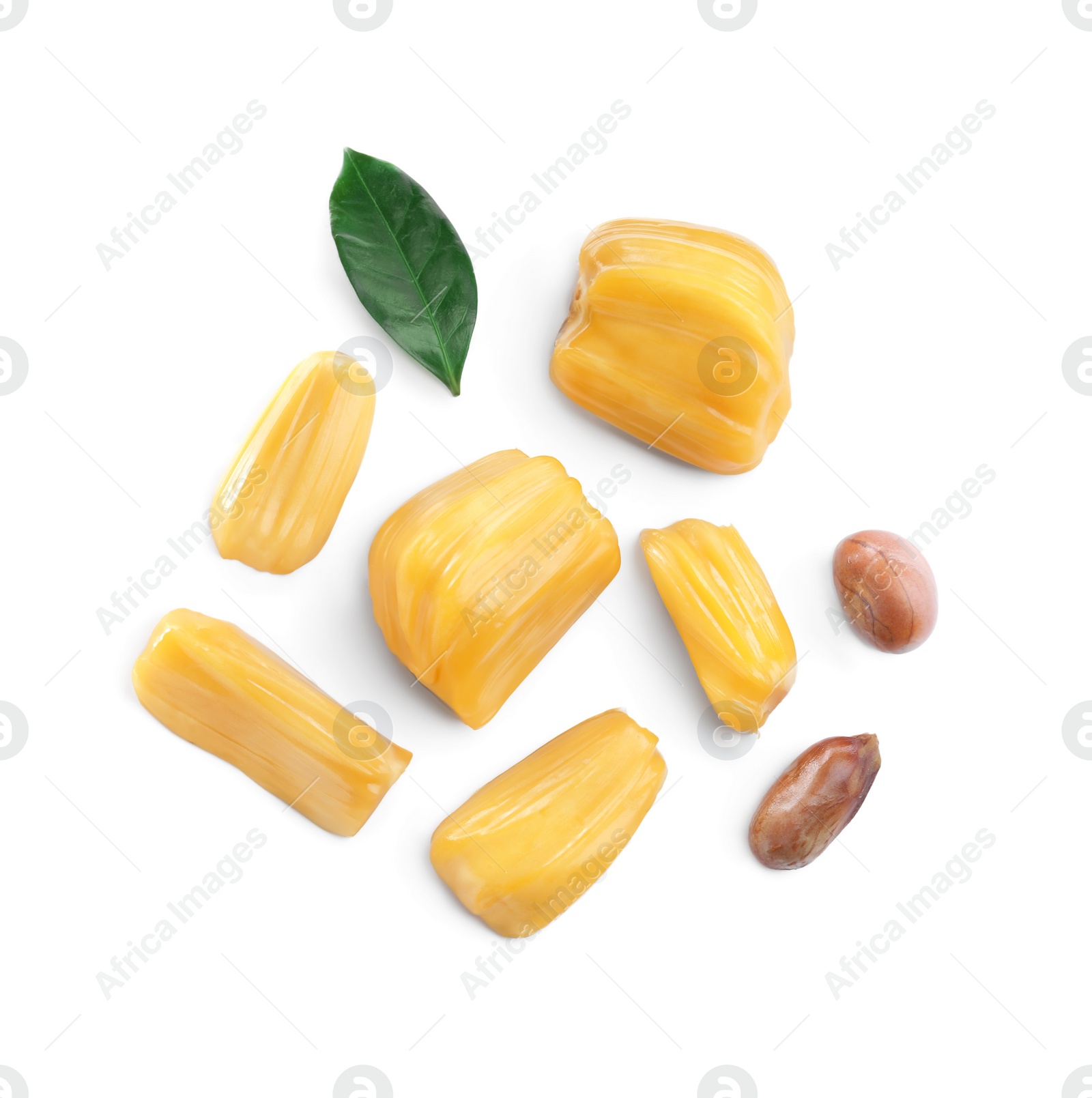 Photo of Delicious exotic jackfruit bulbs on white background, top view