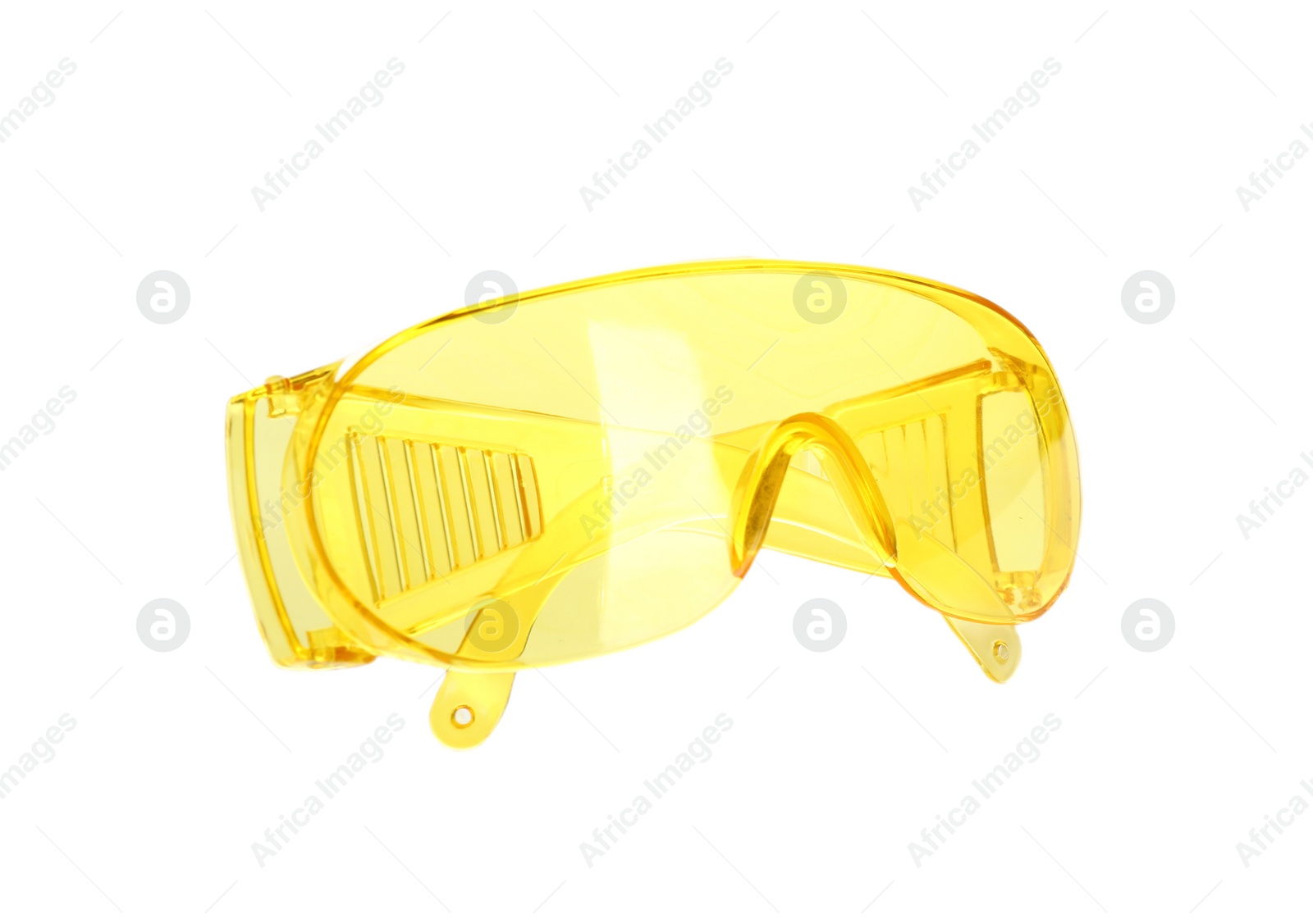 Photo of Protective goggles on white background. Safety equipment