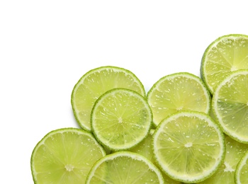 Photo of Juicy lime slices on white background, top view. Citrus fruit