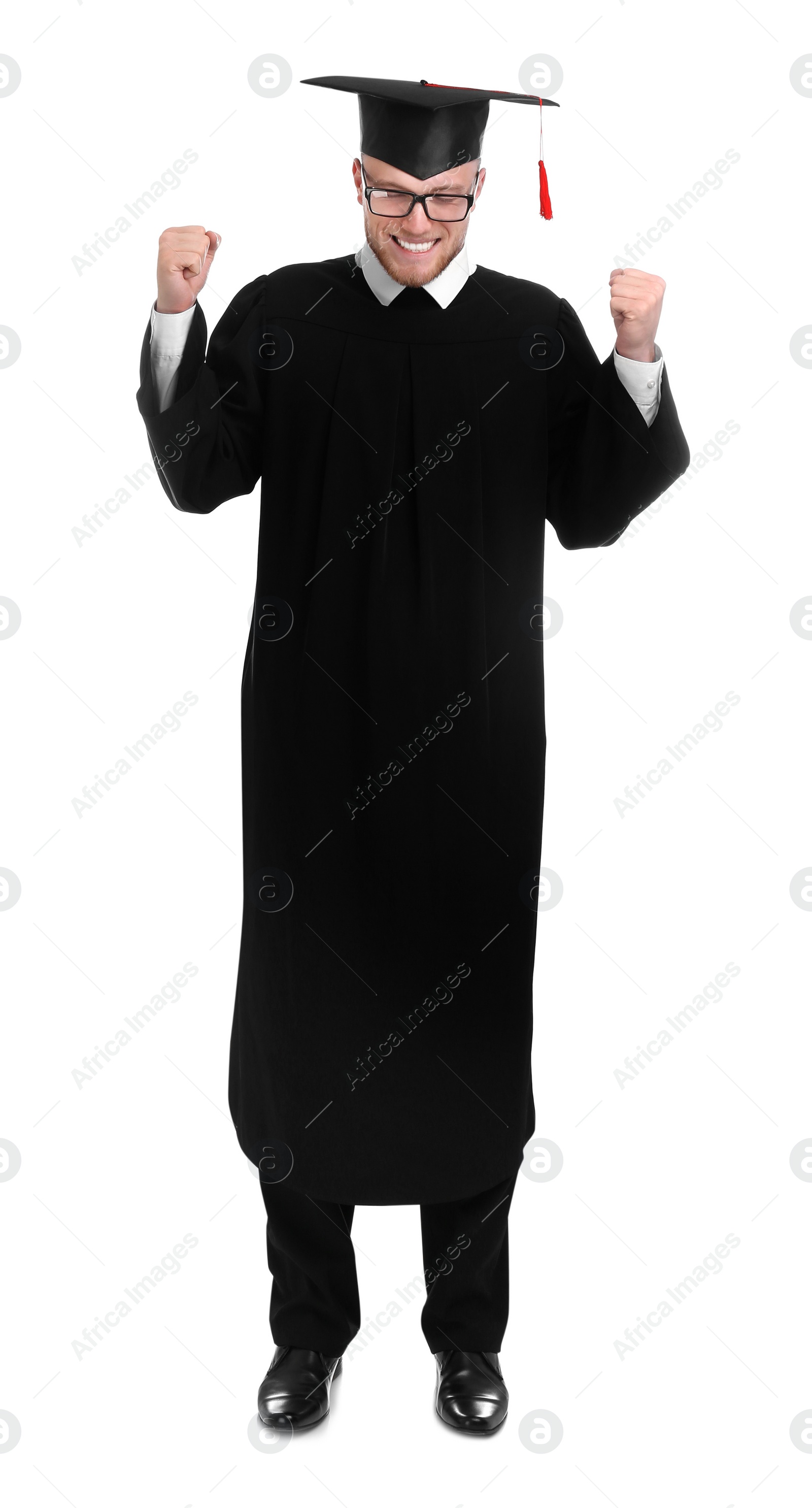 Photo of Happy student wearing graduation hat on white background