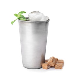 Metal glass with delicious mint julep cocktail on white background