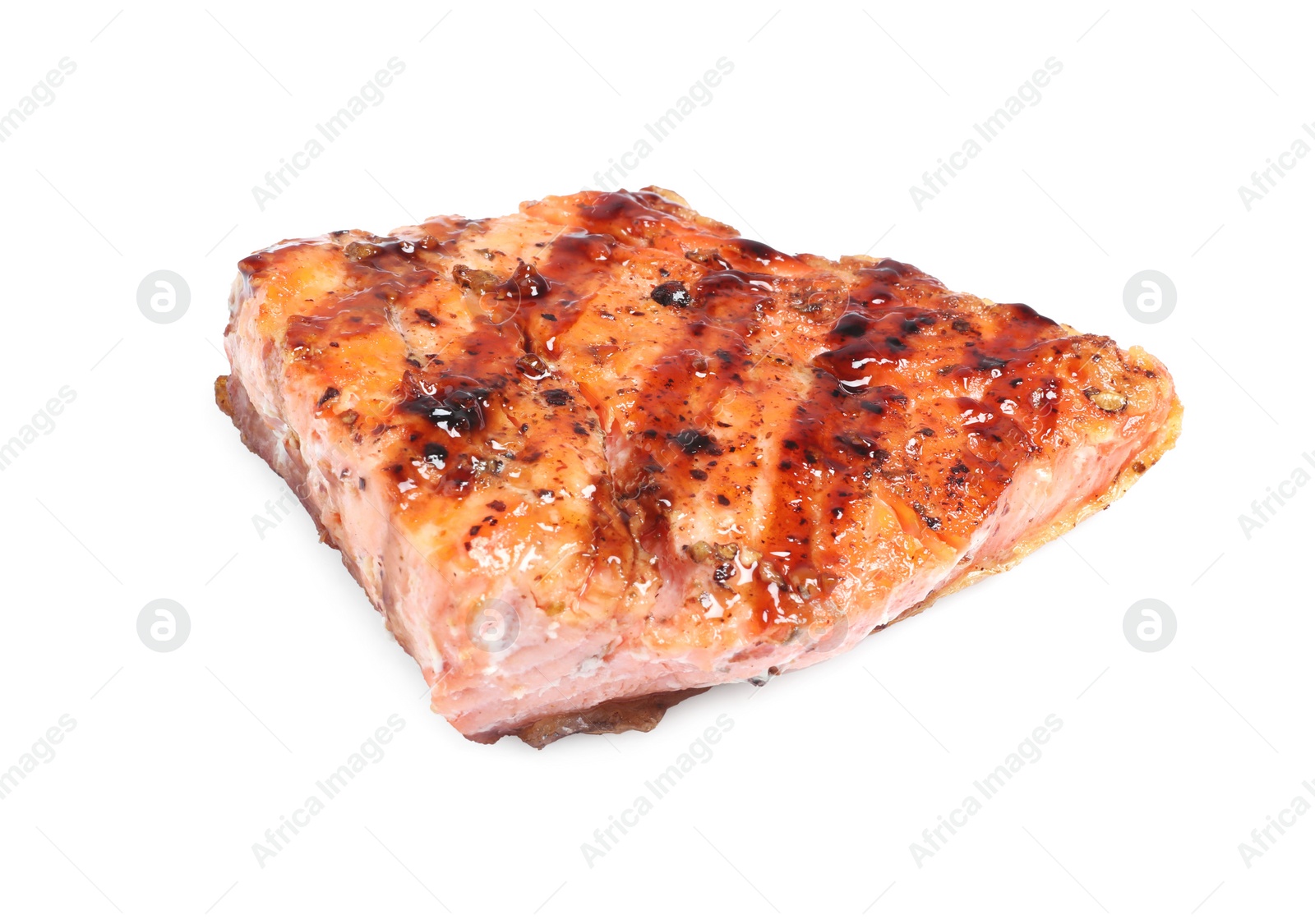 Photo of Piece of tasty grilled salmon on white background