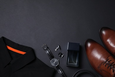 Photo of Men set with stylish accessorizes on black background, flat lay. Space for text