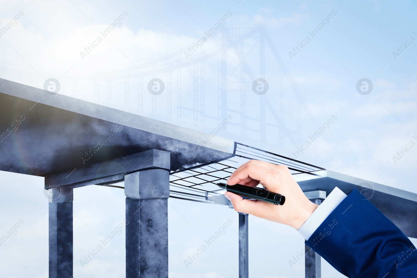 Image of Man drawing picture of bridge, closeup. Business cooperation concept