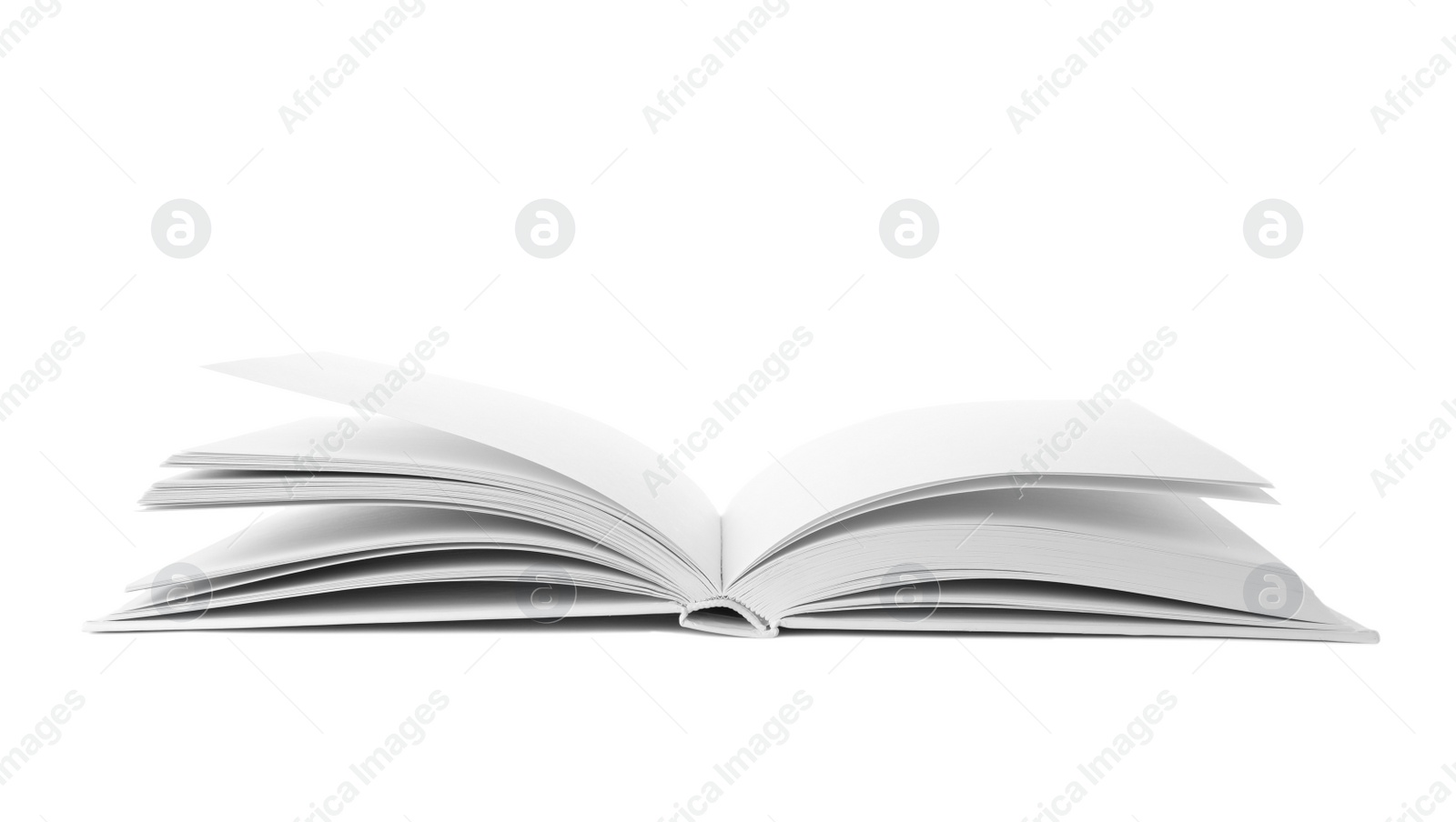 Photo of Open book with hard cover on white background