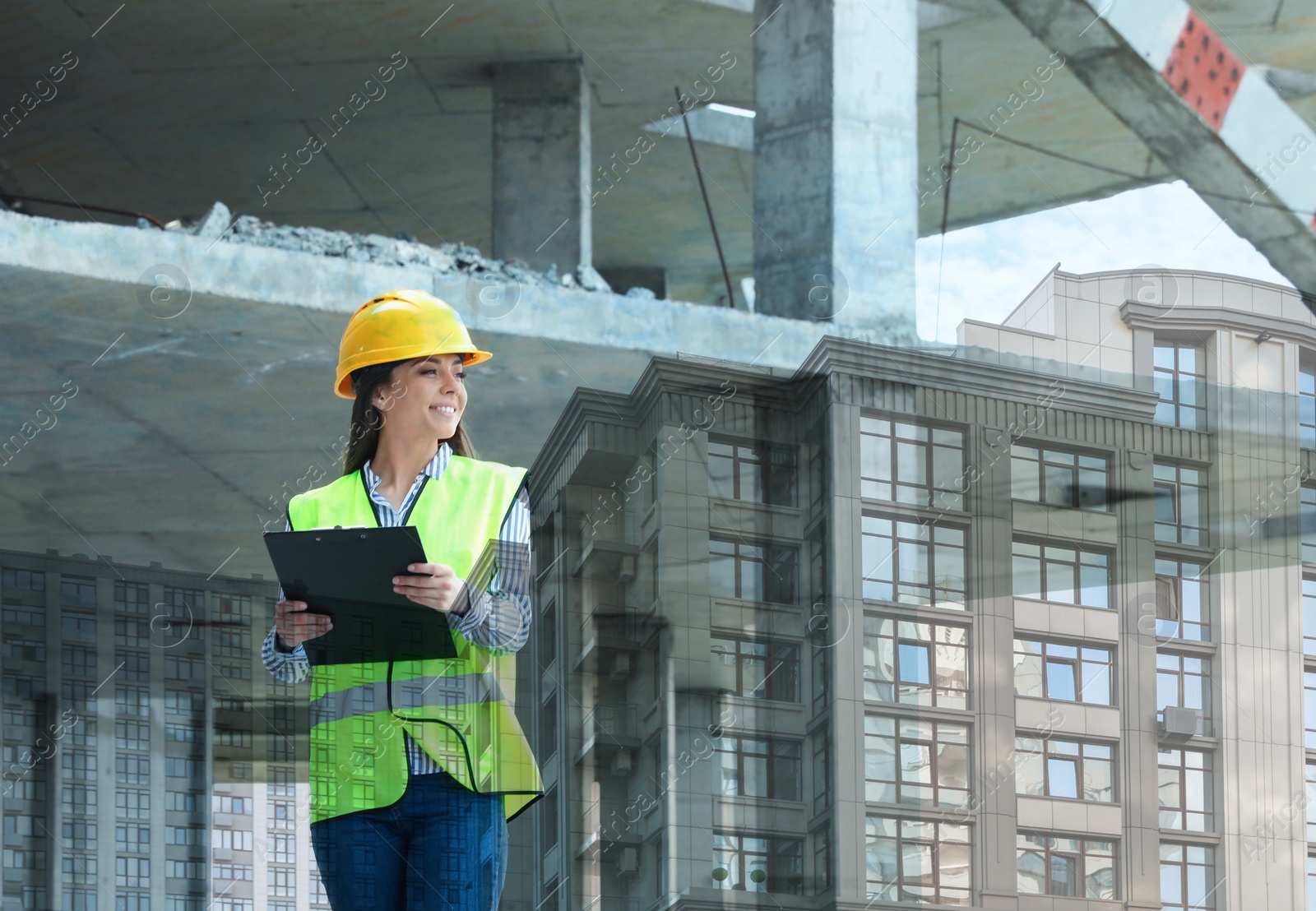 Image of Double exposure of engineer and modern building