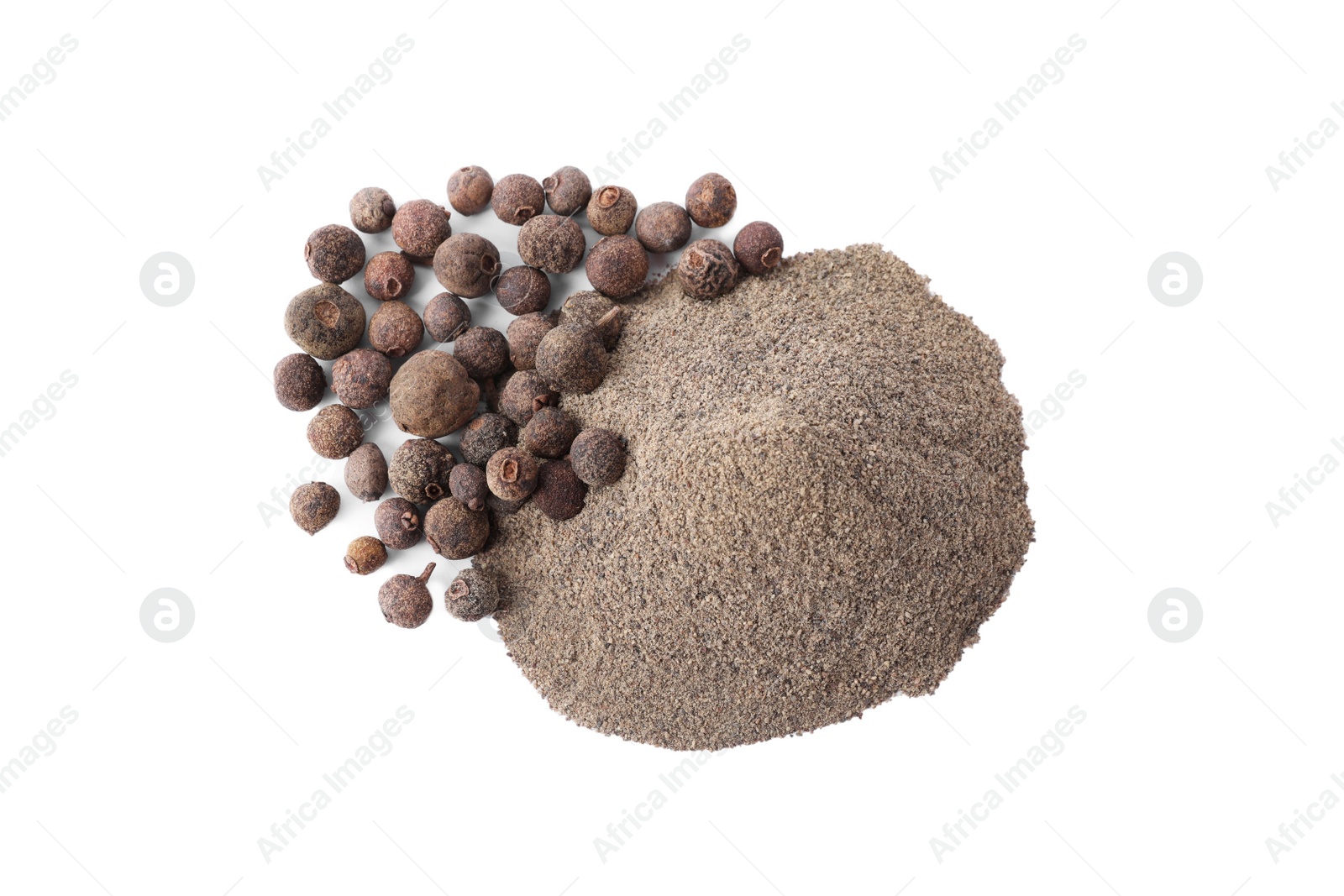 Photo of Spicy milled and whole black peppers isolated on white, top view