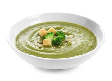 Dish with broccoli cream soup on white background. Healthy food