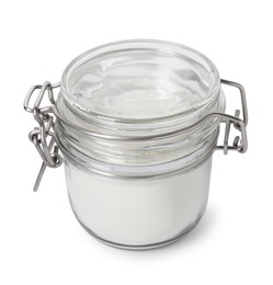 Photo of Baking powder in glass jar isolated on white