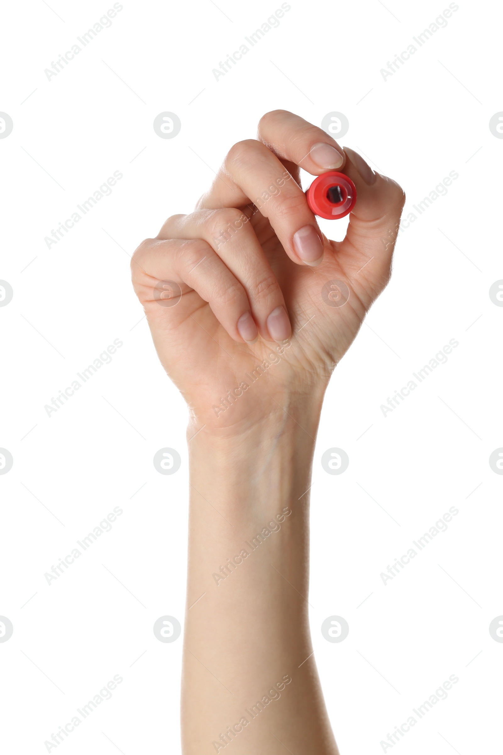 Photo of Woman holding red marker on white background, closeup