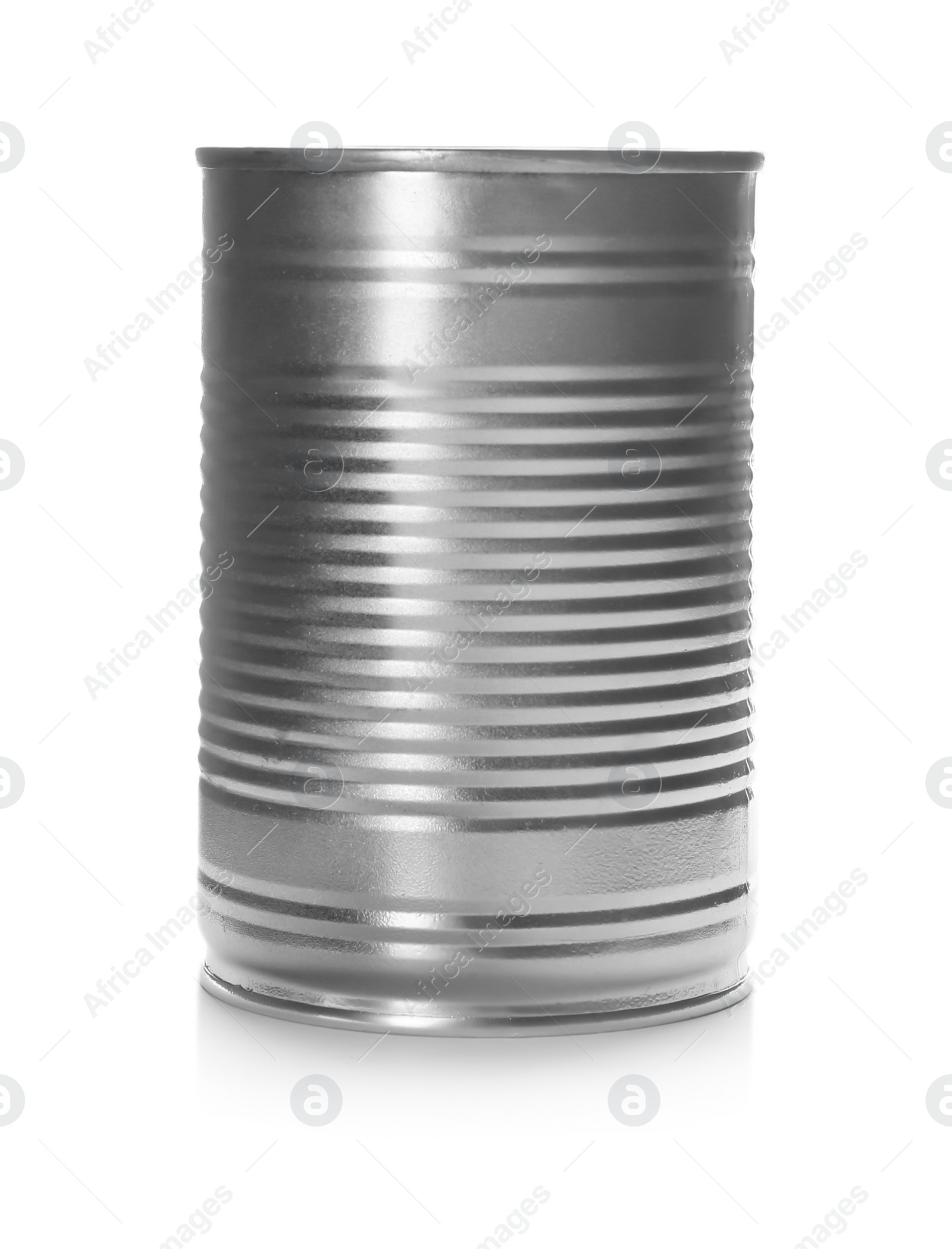 Photo of Mockup of tin can with food on white background