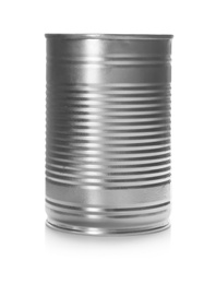 Mockup of tin can with food on white background