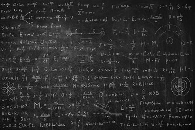 Illustration of Many different physics formulas written on blackboard