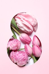 Photo of 8 March greeting card design with flowers, top view. Happy International Women's Day