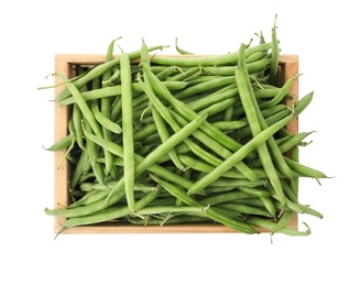 Photo of Fresh green beans in wooden crate on white background, top view
