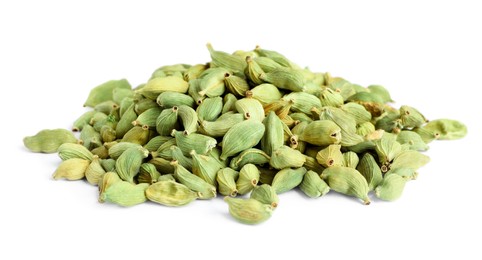 Photo of Pile of dry cardamom seeds on white background