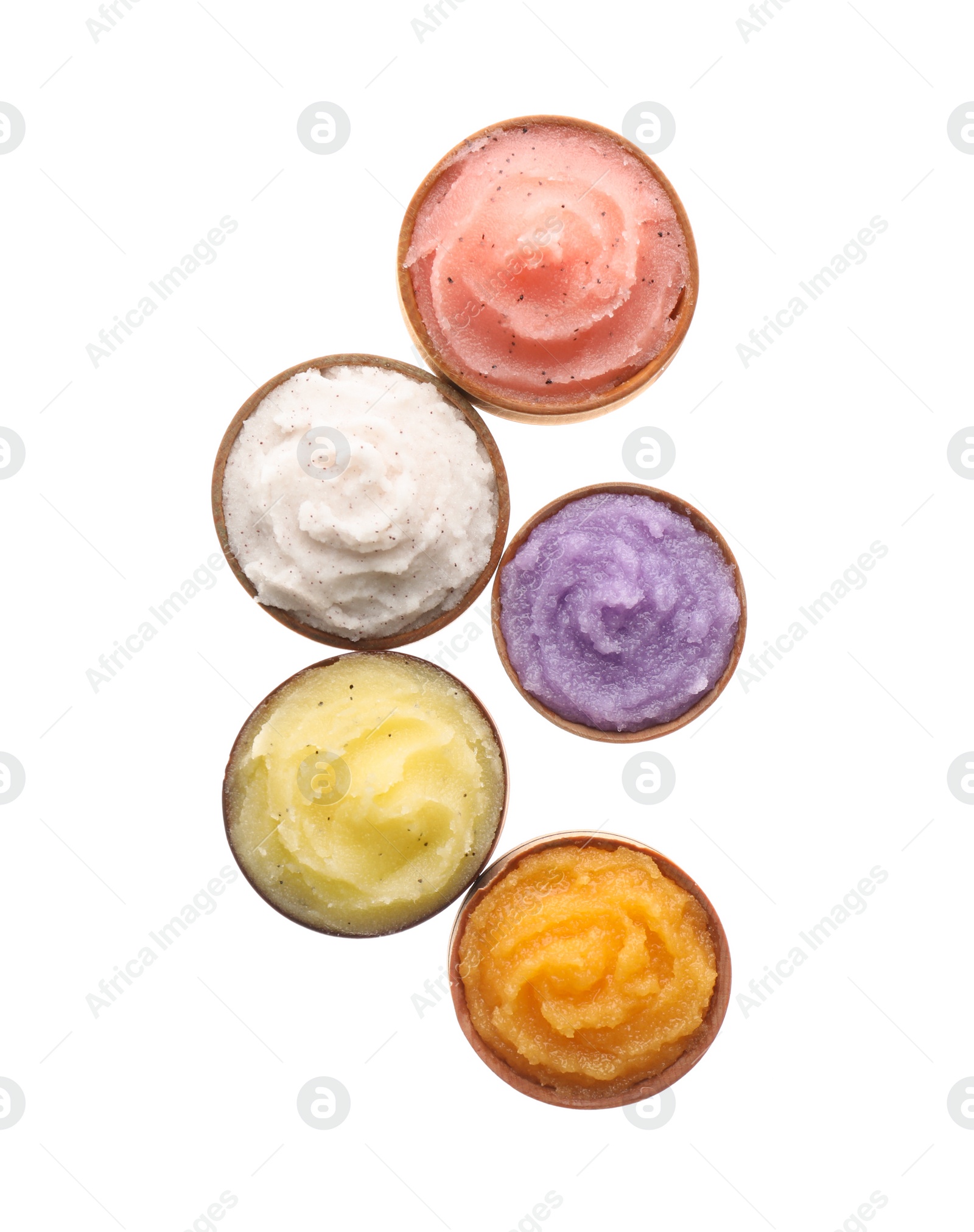Photo of Different body scrubs in bowls on white background, top view