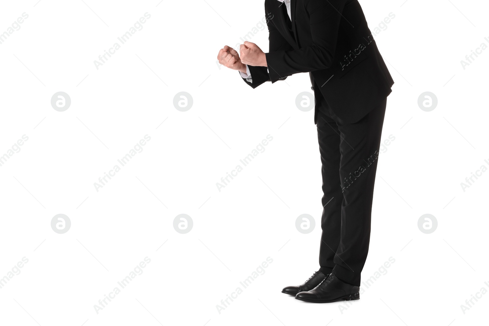 Photo of Businessman with angry fists on white background, closeup