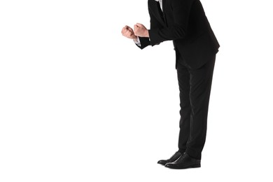 Businessman with angry fists on white background, closeup