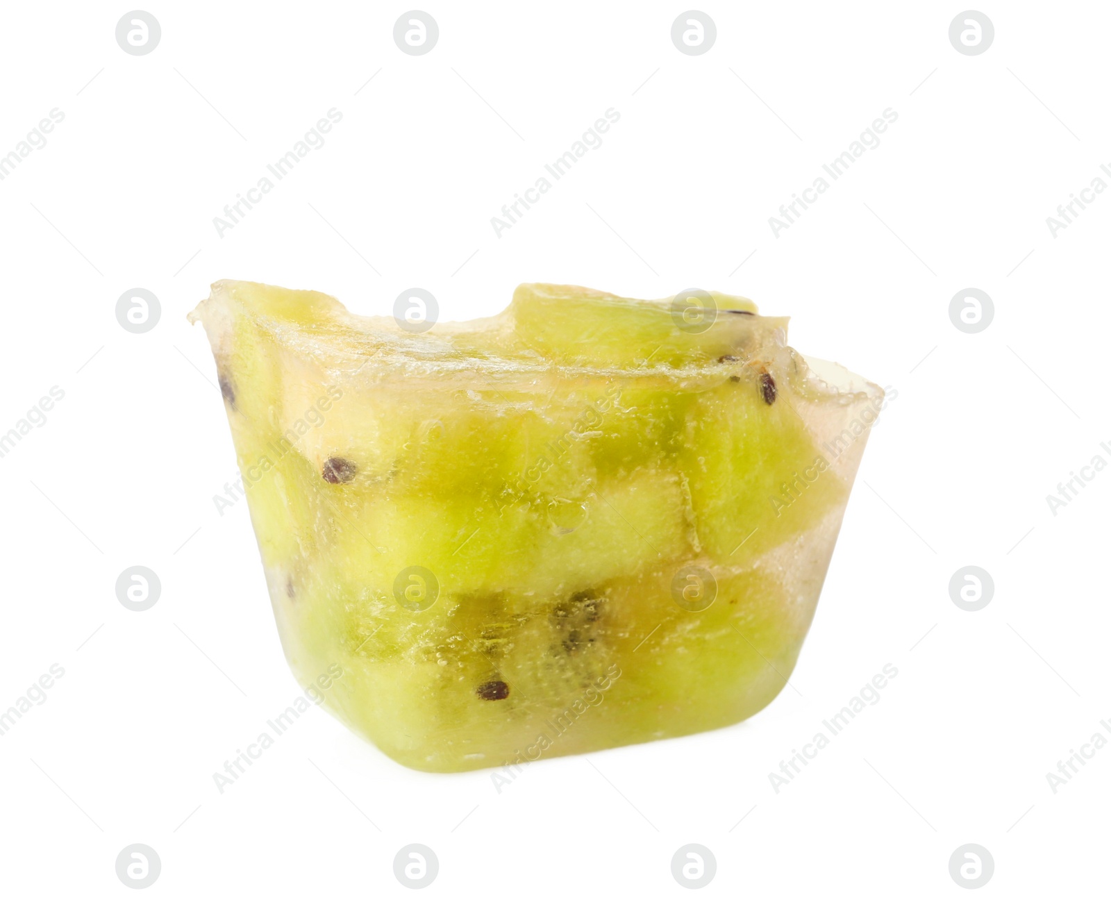 Photo of Ice cube with cut kiwi on white background