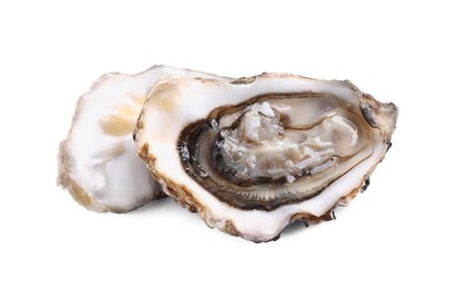 Photo of Fresh raw open oyster on white background