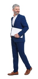 Mature businessman in stylish clothes with laptop on white background