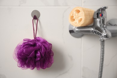 Purple shower puff and loofah sponge in bathroom