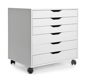 Photo of Stylish chest of drawers on white background. Furniture for wardrobe room