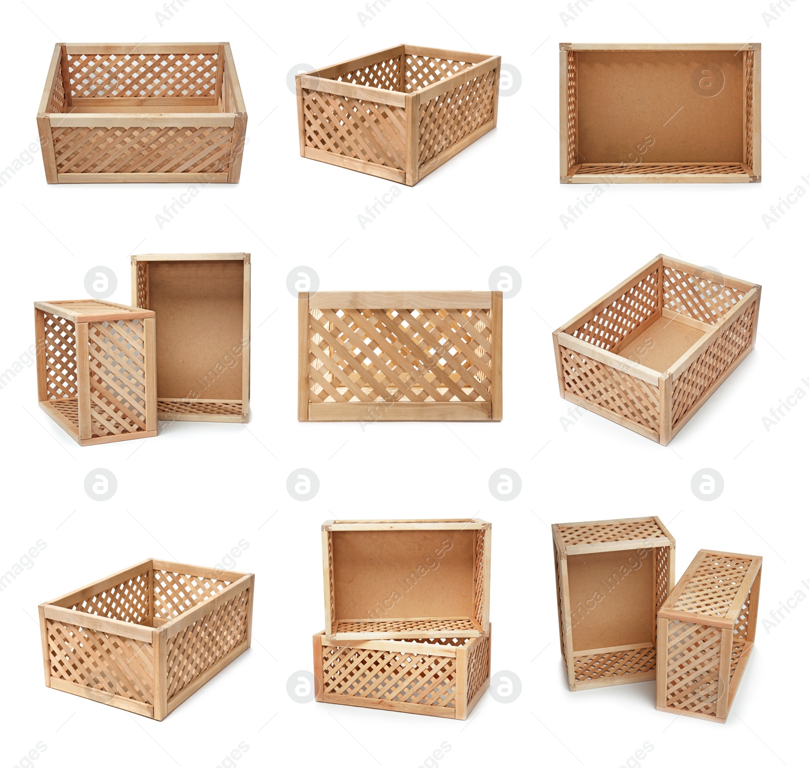 Image of Set of wooden crates on white background