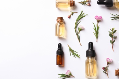 Photo of Flat lay composition with bottles of natural tea tree oil on white background