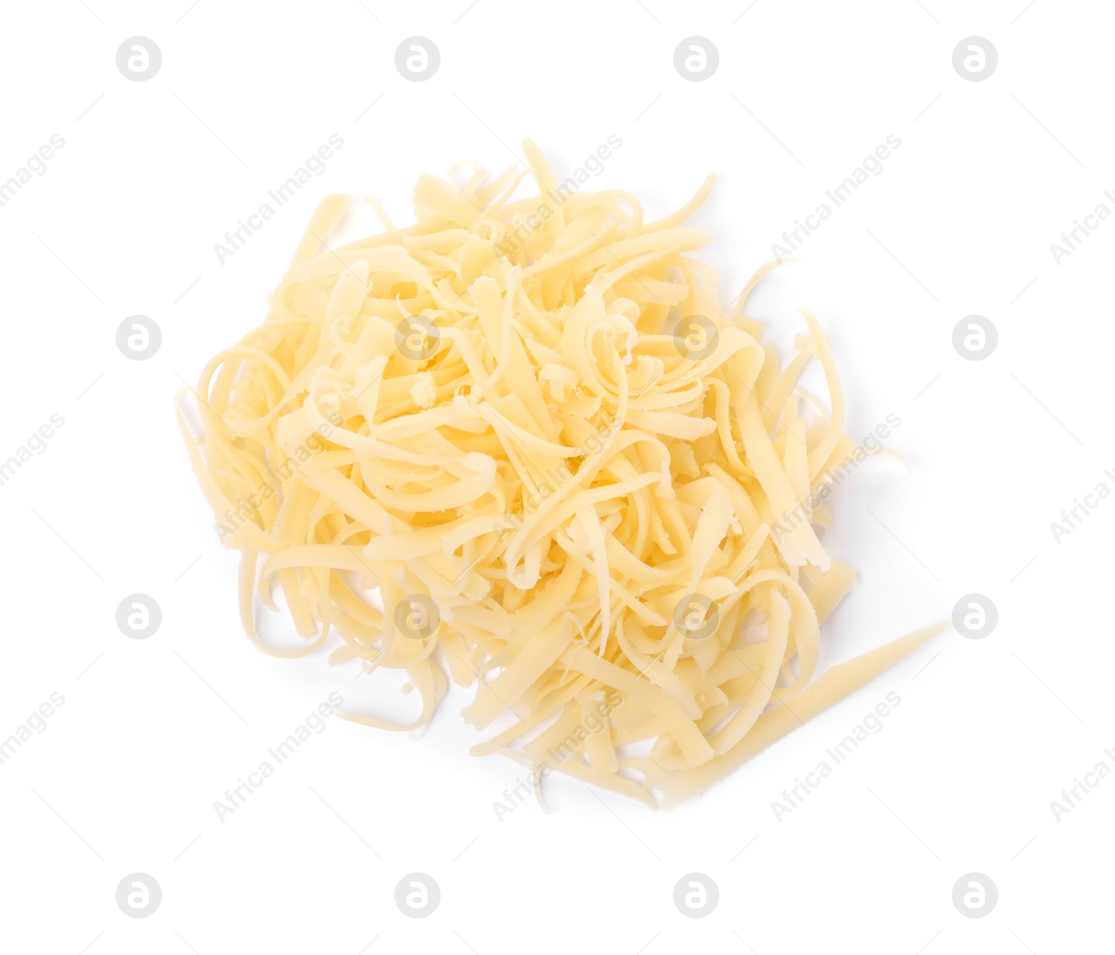 Photo of Pile of tasty grated cheese isolated on white, top view