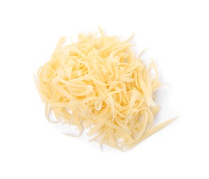 Photo of Pile of tasty grated cheese isolated on white, top view