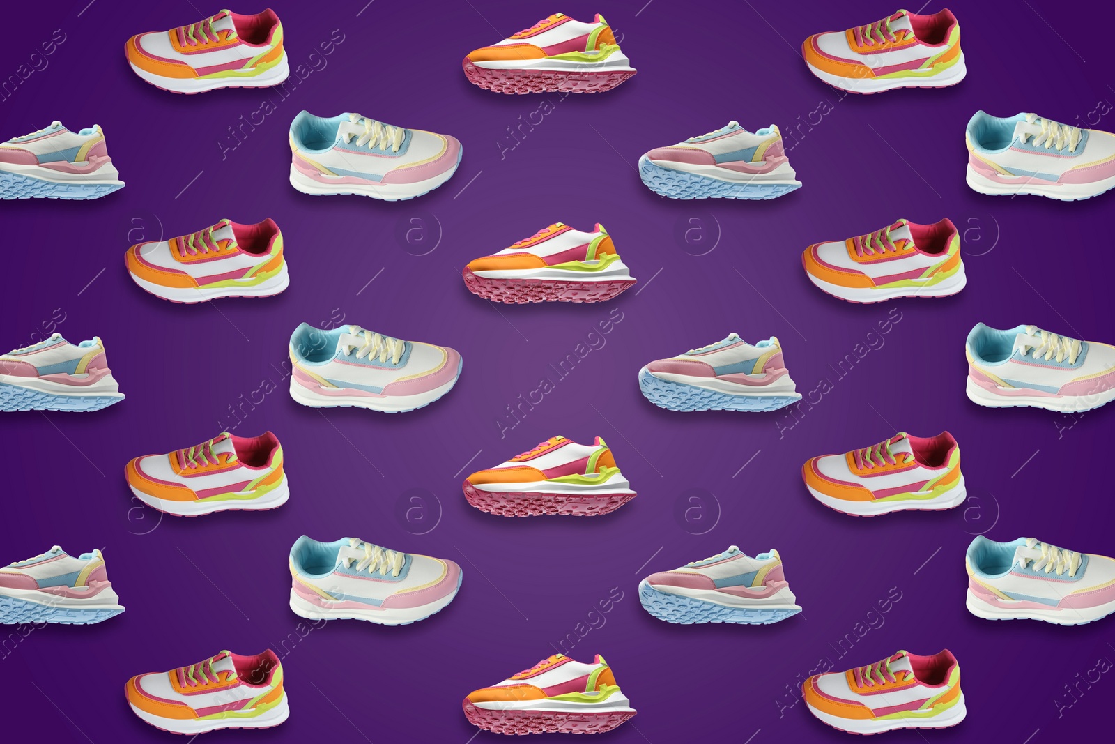 Image of Collage of bright stylish sneakers on purple background, different views