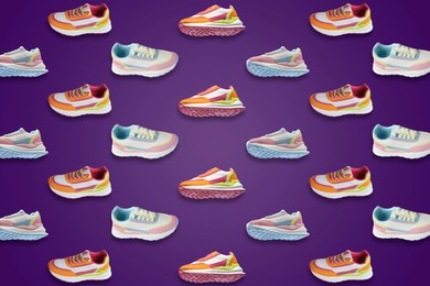 Image of Collage of bright stylish sneakers on purple background, different views