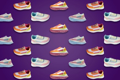 Collage of bright stylish sneakers on purple background, different views