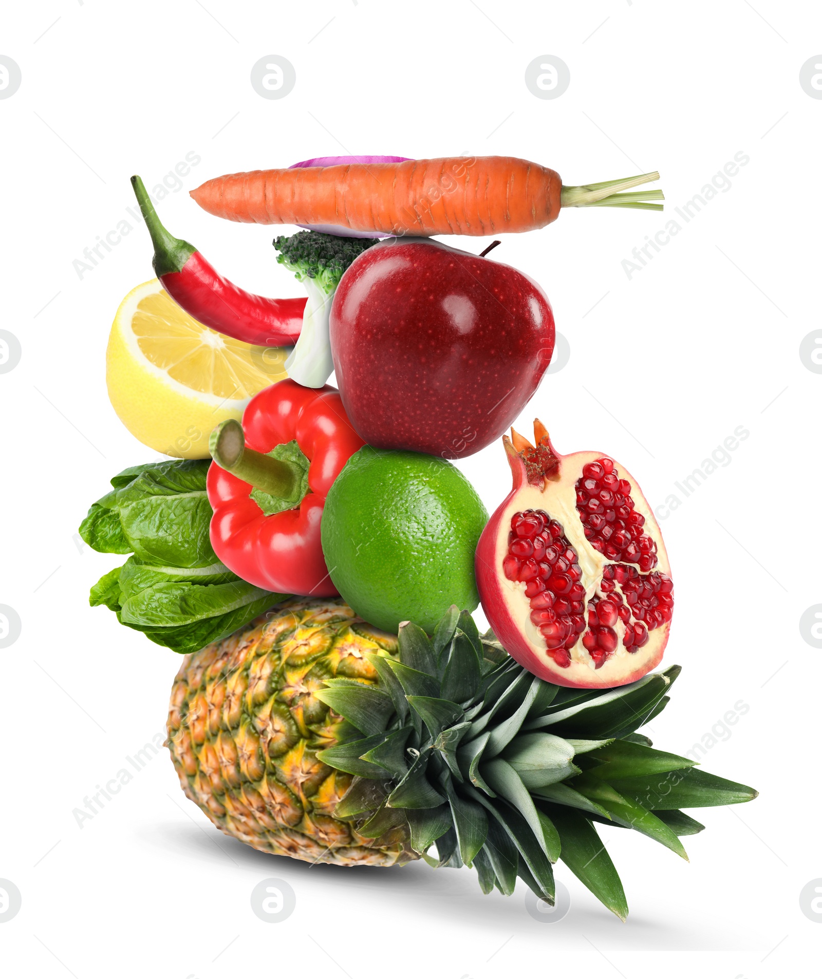 Image of Stack of different vegetables and fruits isolated on white