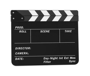 Photo of One movie clapper isolated on white. Film industry