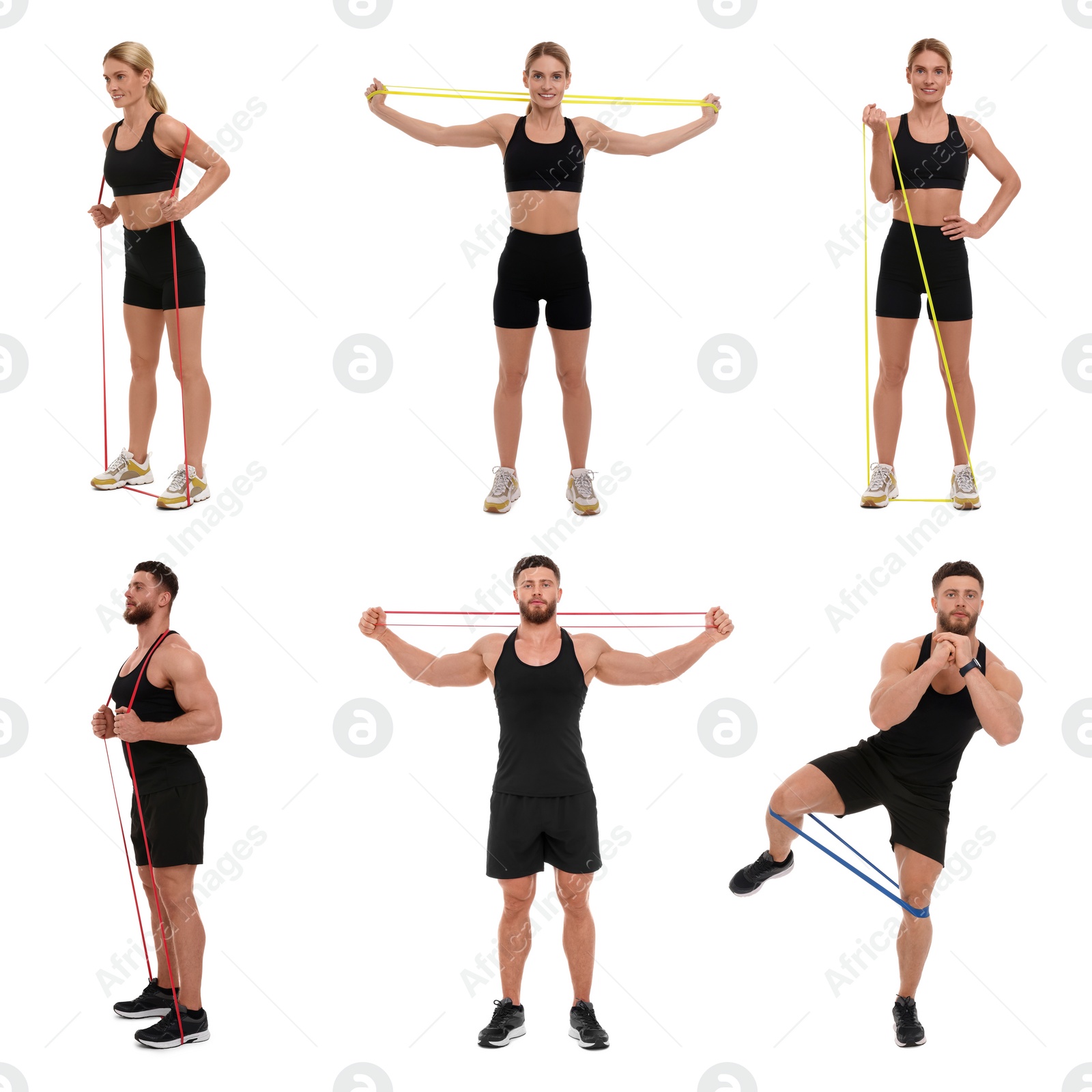 Image of Man and woman doing different exercises with elastic resistance band on white background, set of photos