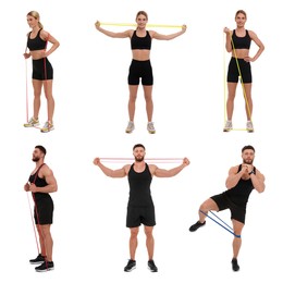 Man and woman doing different exercises with elastic resistance band on white background, set of photos