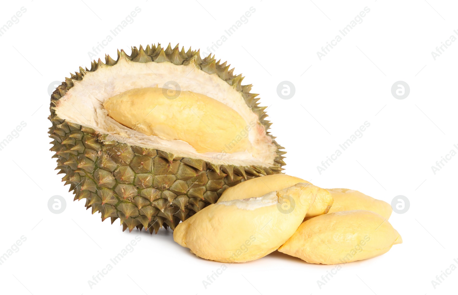 Photo of Fresh ripe durians on white background. Tropical fruit