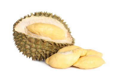 Photo of Fresh ripe durians on white background. Tropical fruit