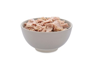 Photo of Bowl with canned tuna isolated on white