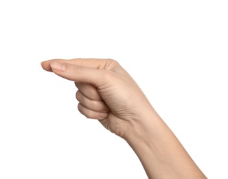Photo of Woman showing G letter on white background, closeup. Sign language