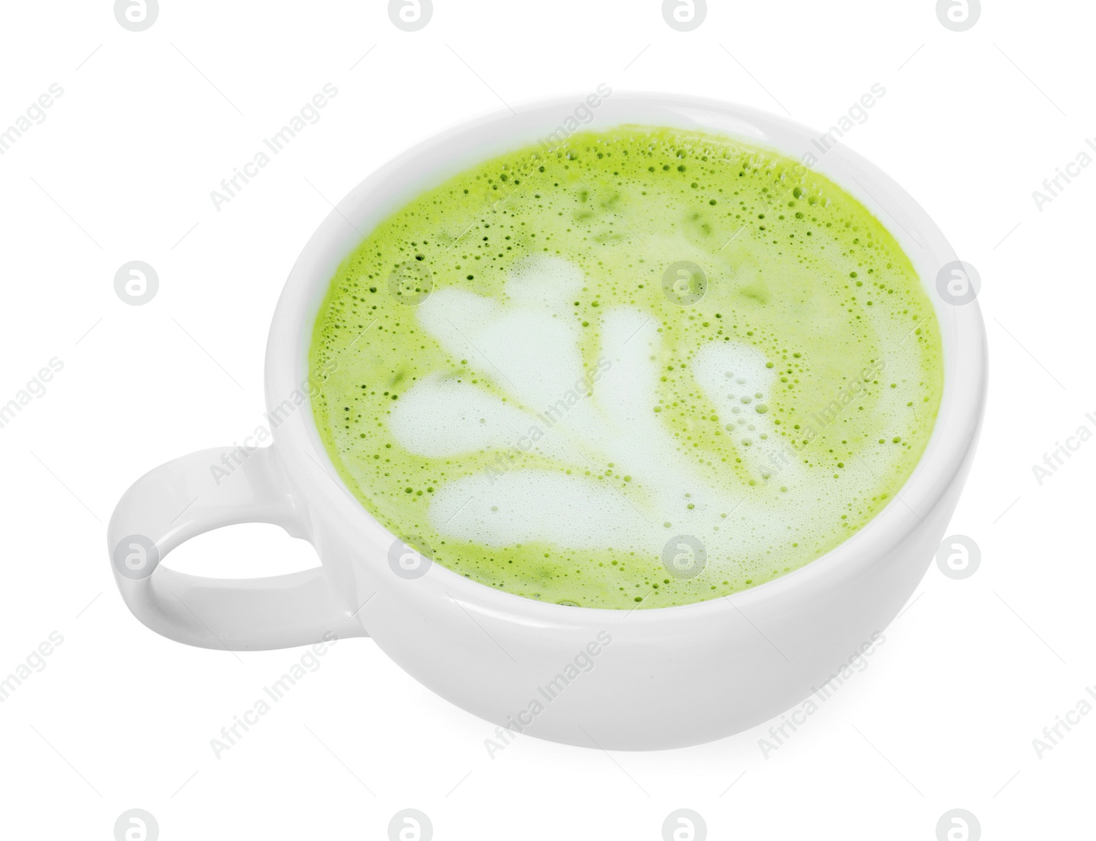 Photo of Cup of fresh matcha latte isolated on white