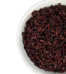 Photo of Bowl with delicious cooked brown rice on white background, top view