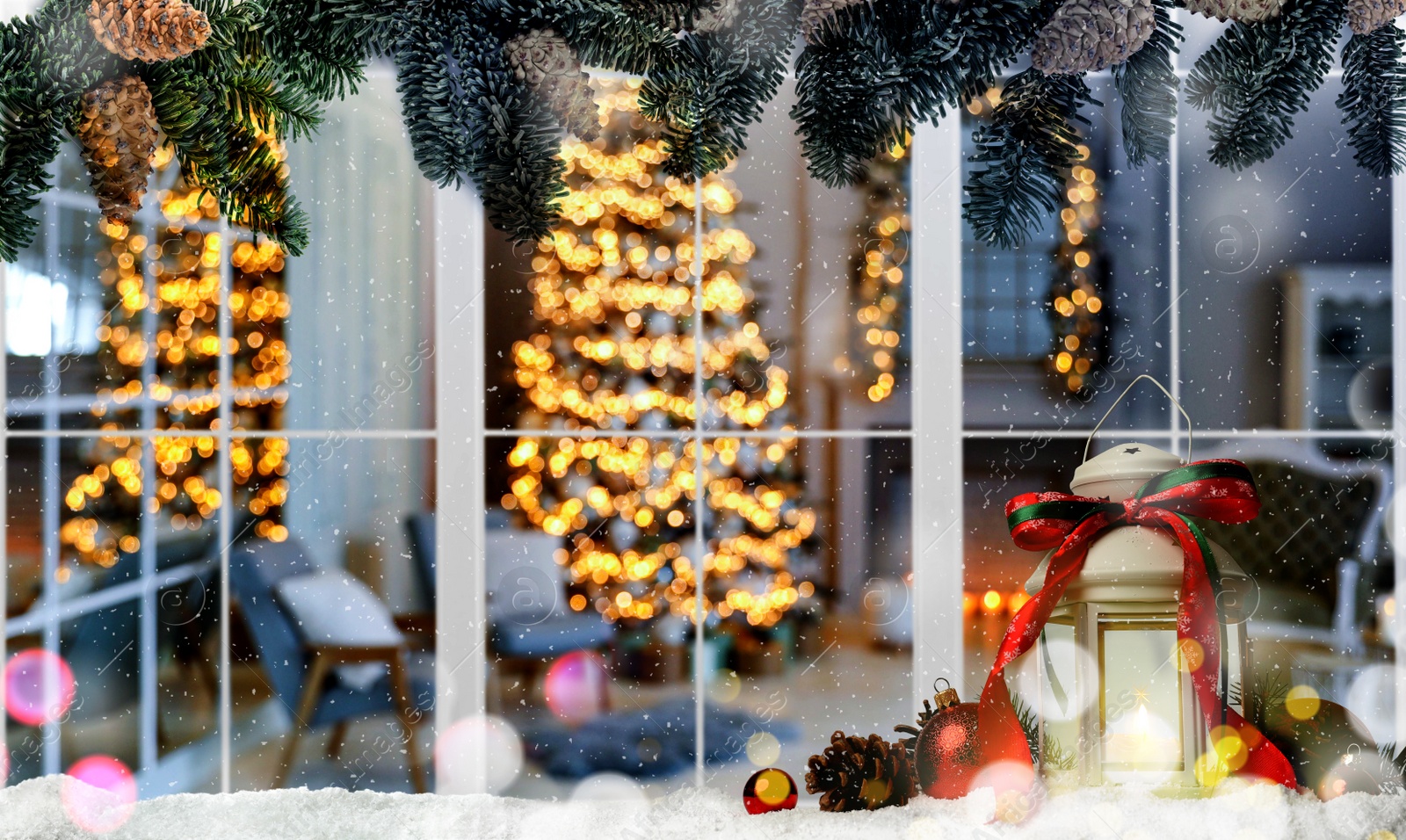 Image of Beautiful composition with Christmas lantern near window